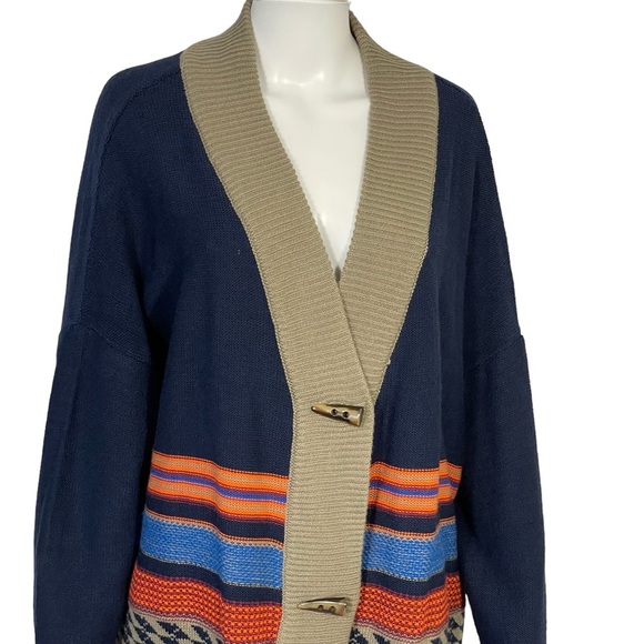 Woman Within Sz 14/16 Navy Tan Striped Horn Button Tunic Cardigan - Picture 2 of 11